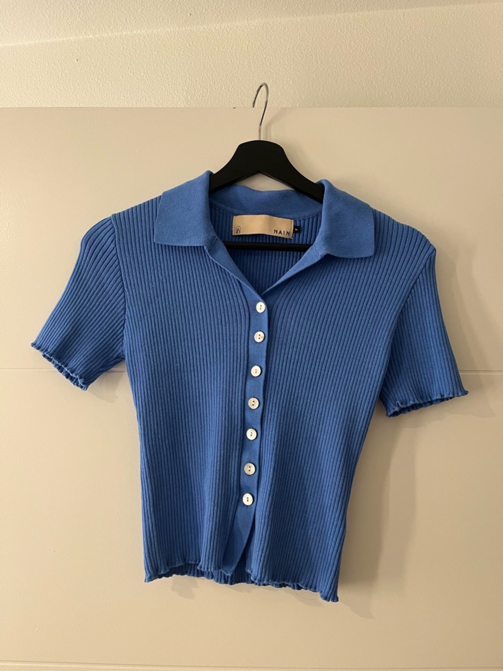 Ribbed Polo Button-Front Top in Blue
